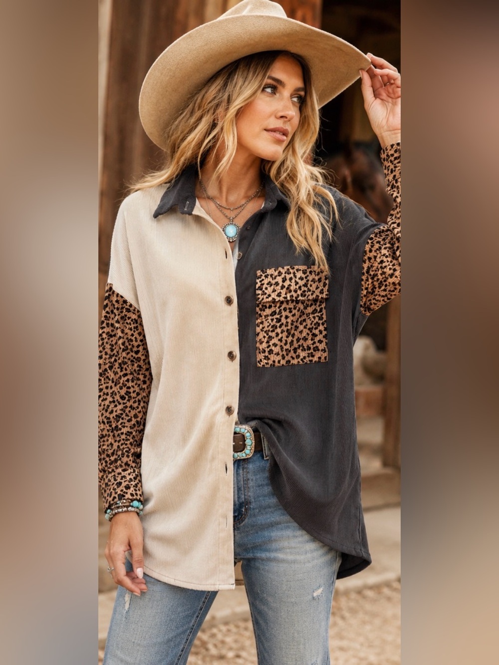 Oversized Colorblock Leopard Print Button Down Shirt Small
